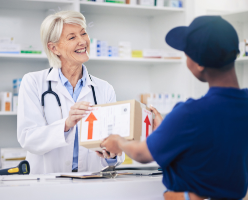 Pharmacist, package and delivery with woman in drug store for medical supplies with courier service