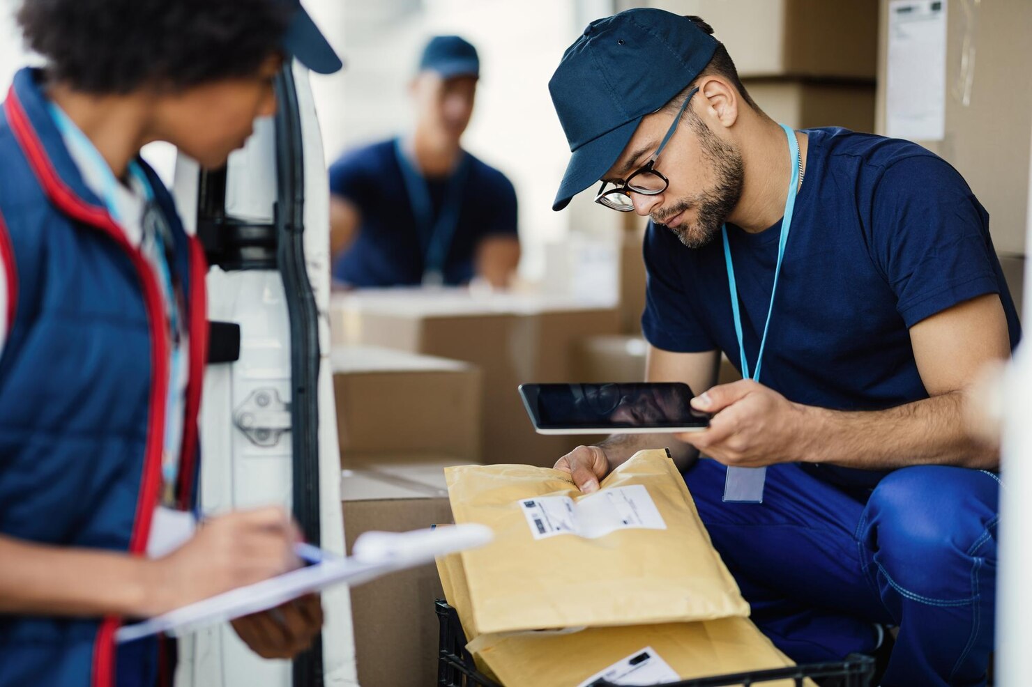 young-delivery-man-using-digital-tablet-scanning-bar-code-package-label-while-preparing-shipment-with-his-coworker_637285-2261 Same-day courier Atlanta